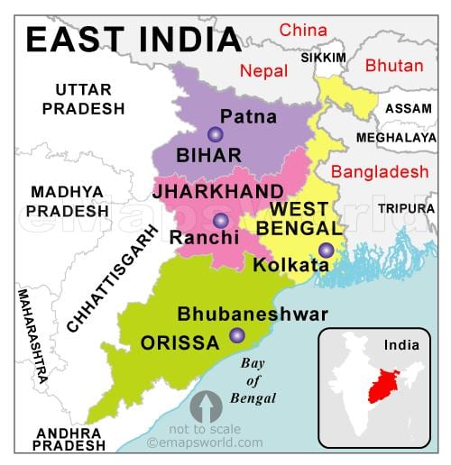 mapa Wschodnich Indiach