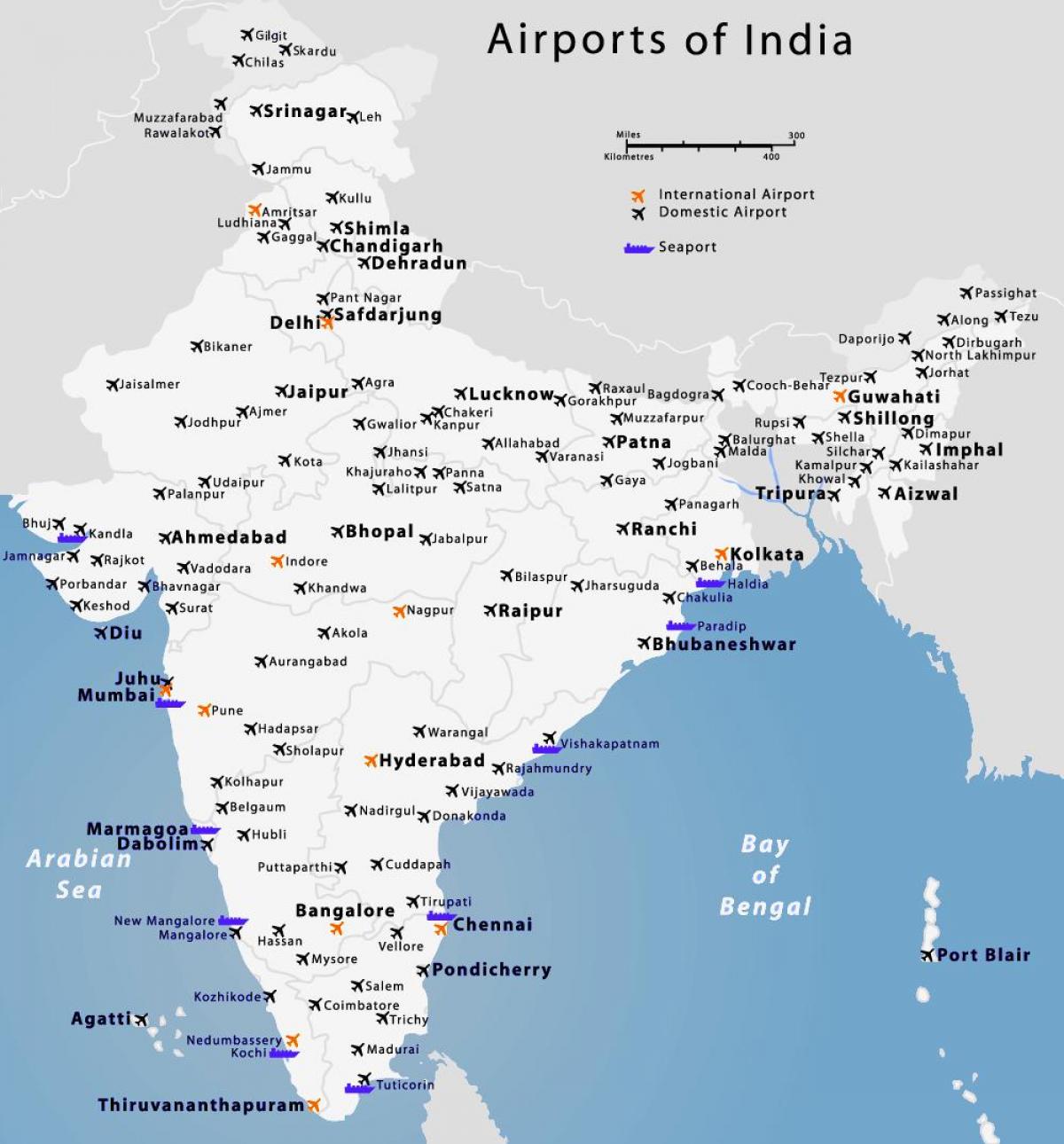 mapa lotnisk w Indiach