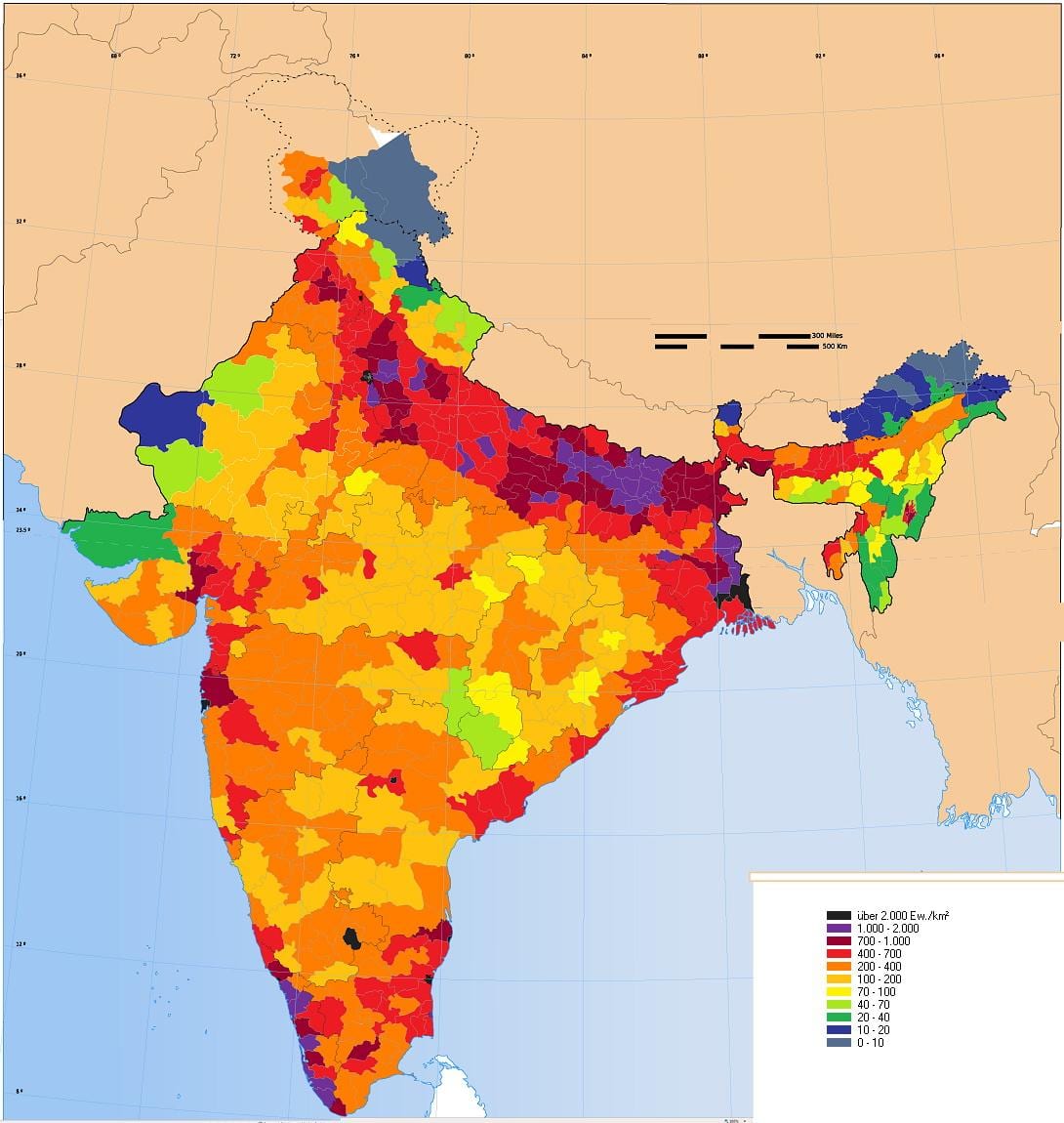 mapa gęstości zaludnienia w Indiach