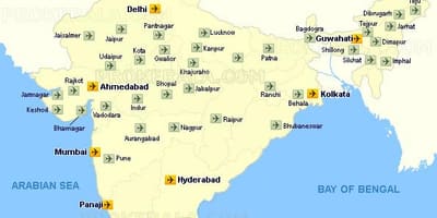 Mapa lotnisk międzynarodowych w Indiach